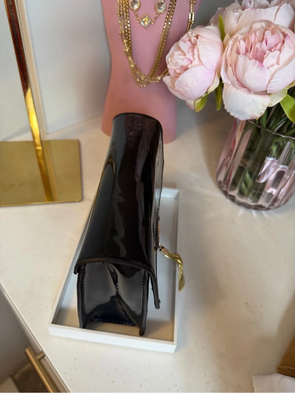 Jimmy Choo Parfums Black Patent Leather Clutch with Gold Tassel Ring Dust Bag